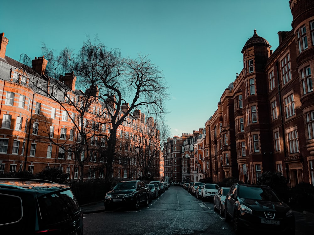 a street lined with parked cars next to tall buildings