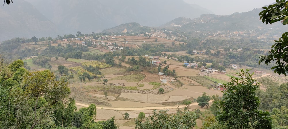 a view of a village in the middle of a valley