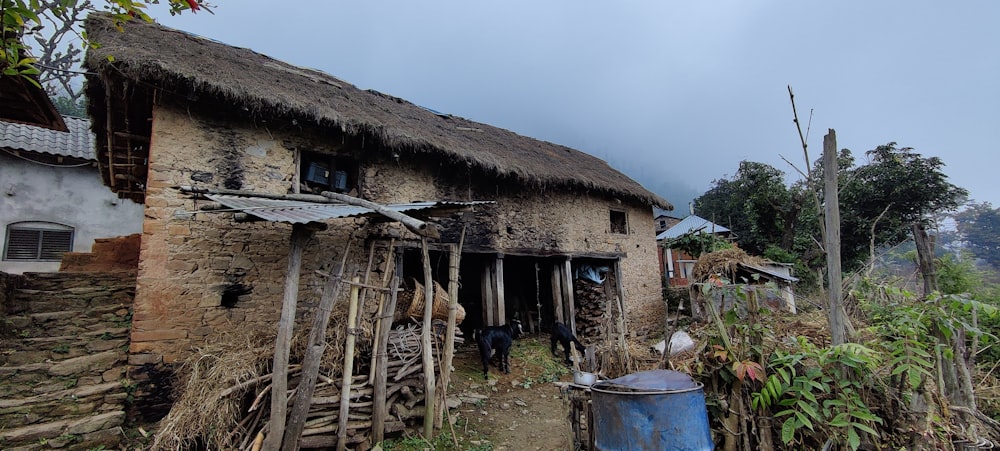 a village with a thatched roof and a blue trash can