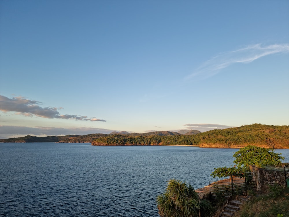 a body of water surrounded by trees and hills