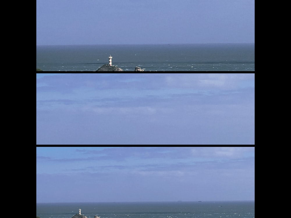 three pictures of a lighthouse in the middle of the ocean