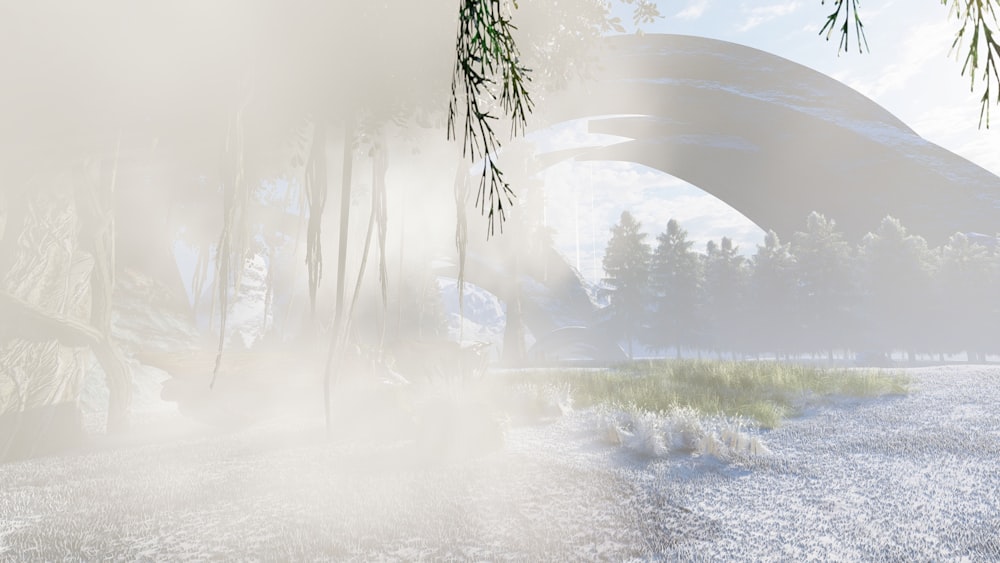 une peinture numérique d’un paysage avec des arbres et du brouillard