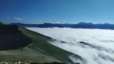 A panoramic view of Mussoorie’s lush green mountains under a clear blue sky.