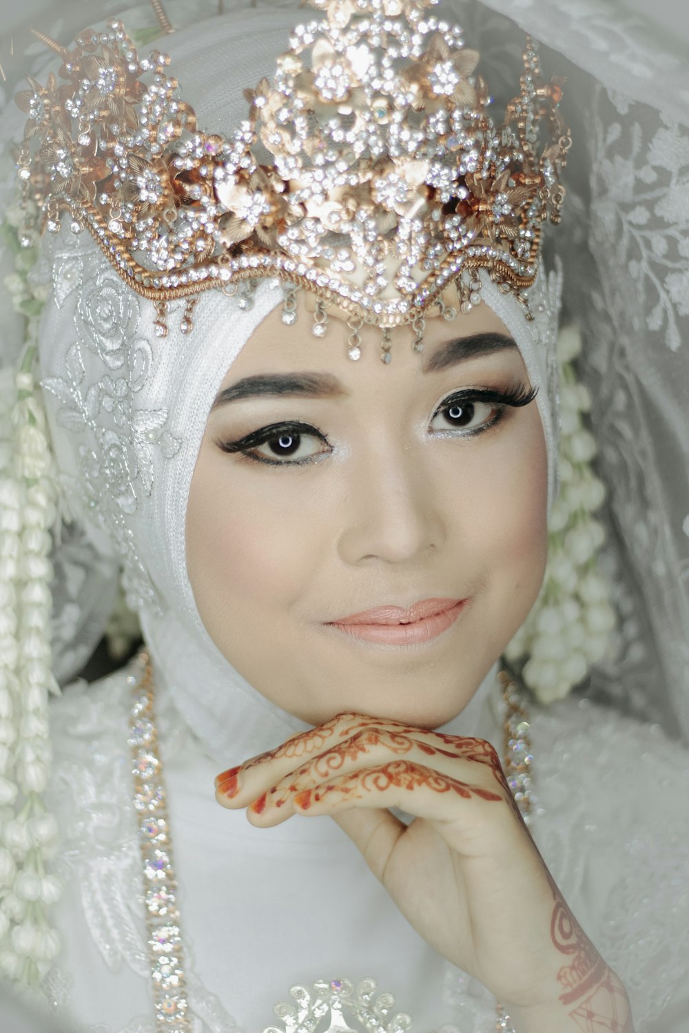 a woman wearing a white veil and a tiara
