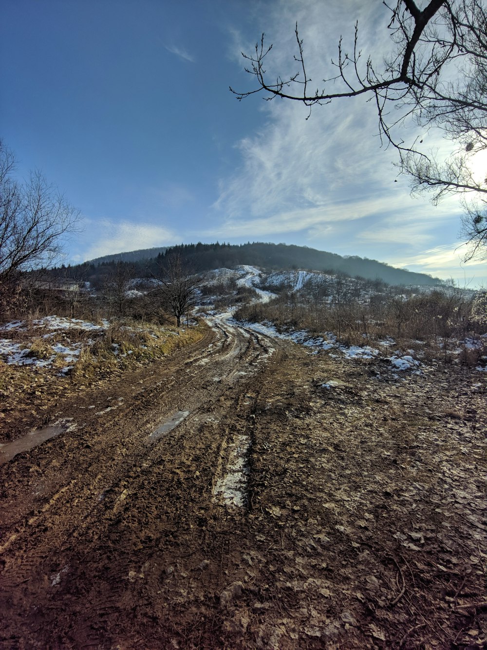 a dirt road with a hill in the background