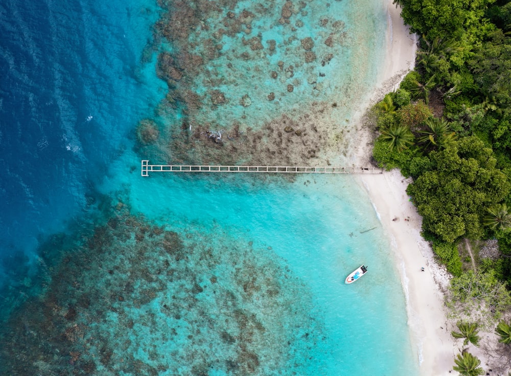 an aerial view of a beach with a boat in the water