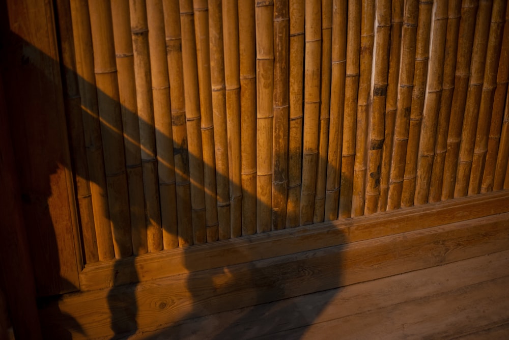 a shadow of a person standing in front of a bamboo wall