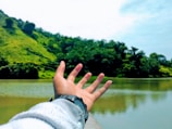A serene landscape featuring a watch resting on a wooden table.