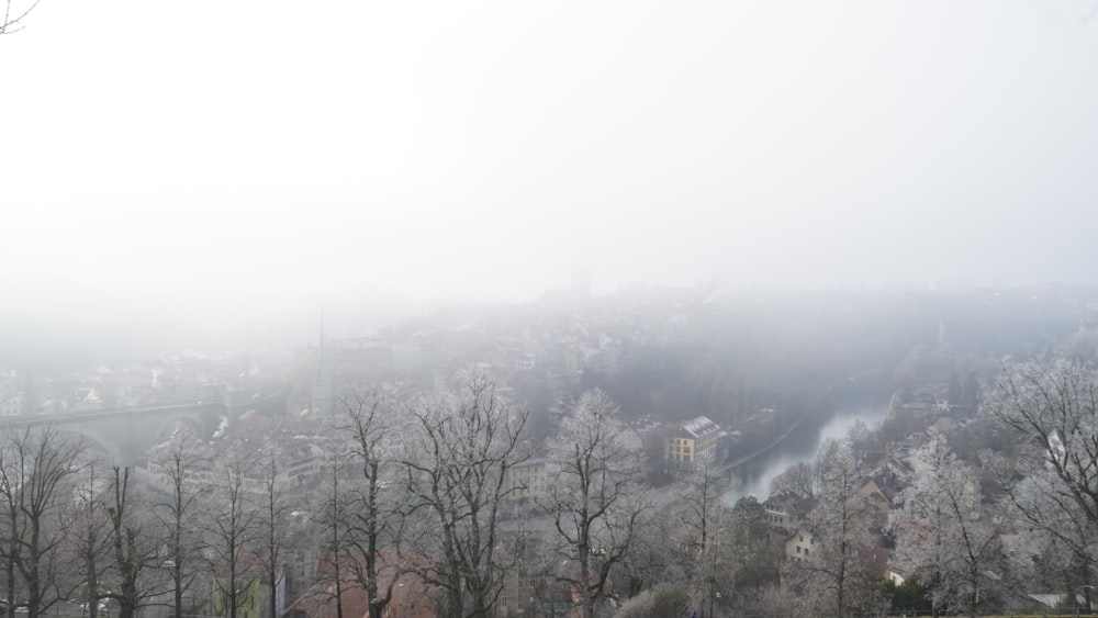 a foggy view of a city with a bridge in the distance