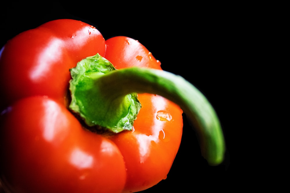 a close up of a red pepper with a green stalk