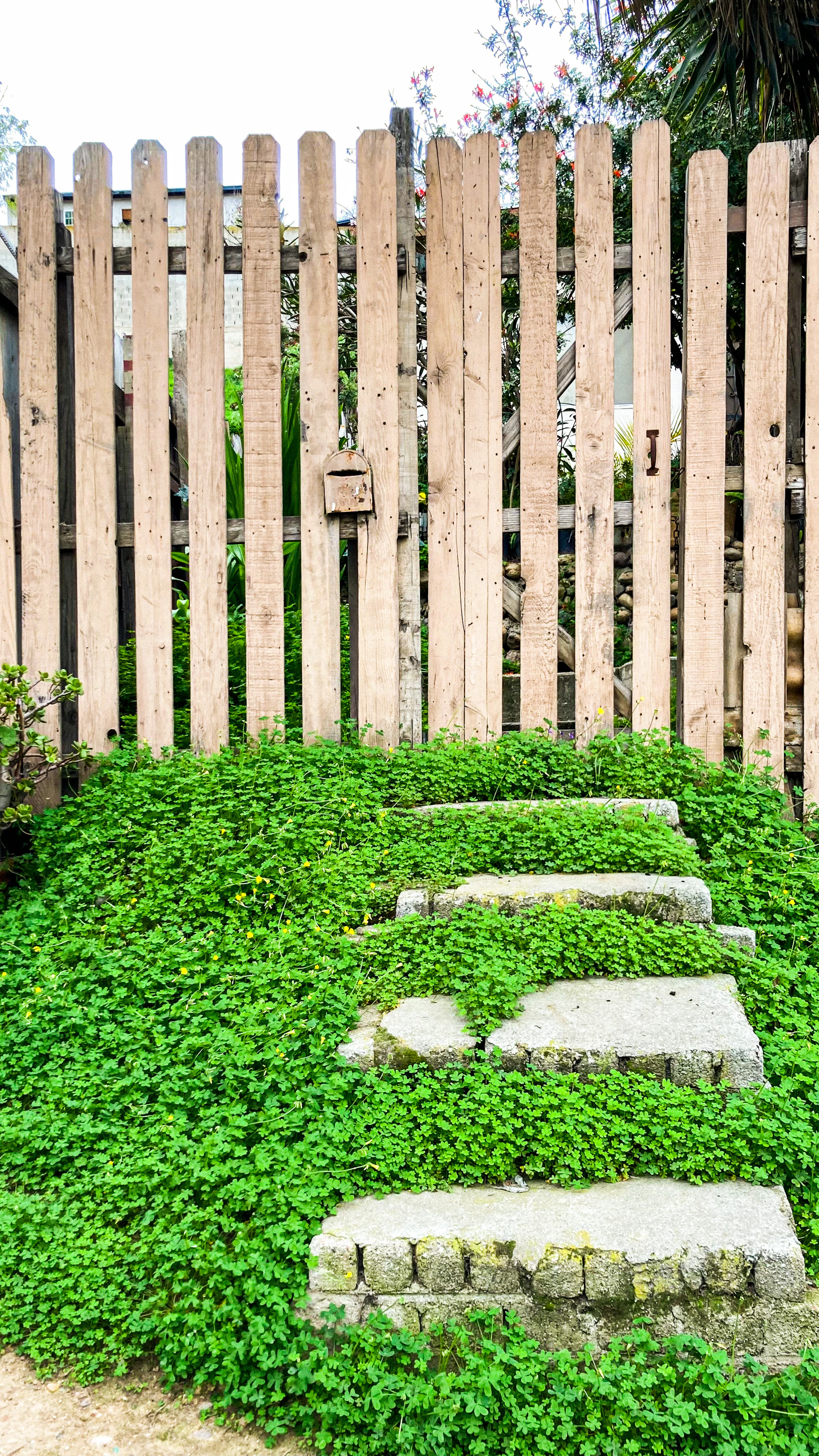 a wooden fence with a set of stepping stones in the grass