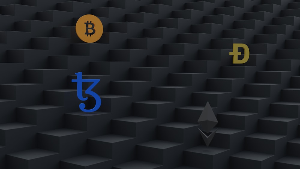a bunch of different types of bitcoins on a black background