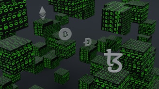a bunch of cubes with bitcoin symbols on them