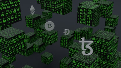 a bunch of cubes with bitcoin symbols on them