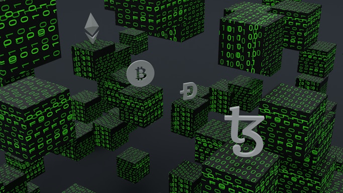 a bunch of cubes with bitcoin symbols on them