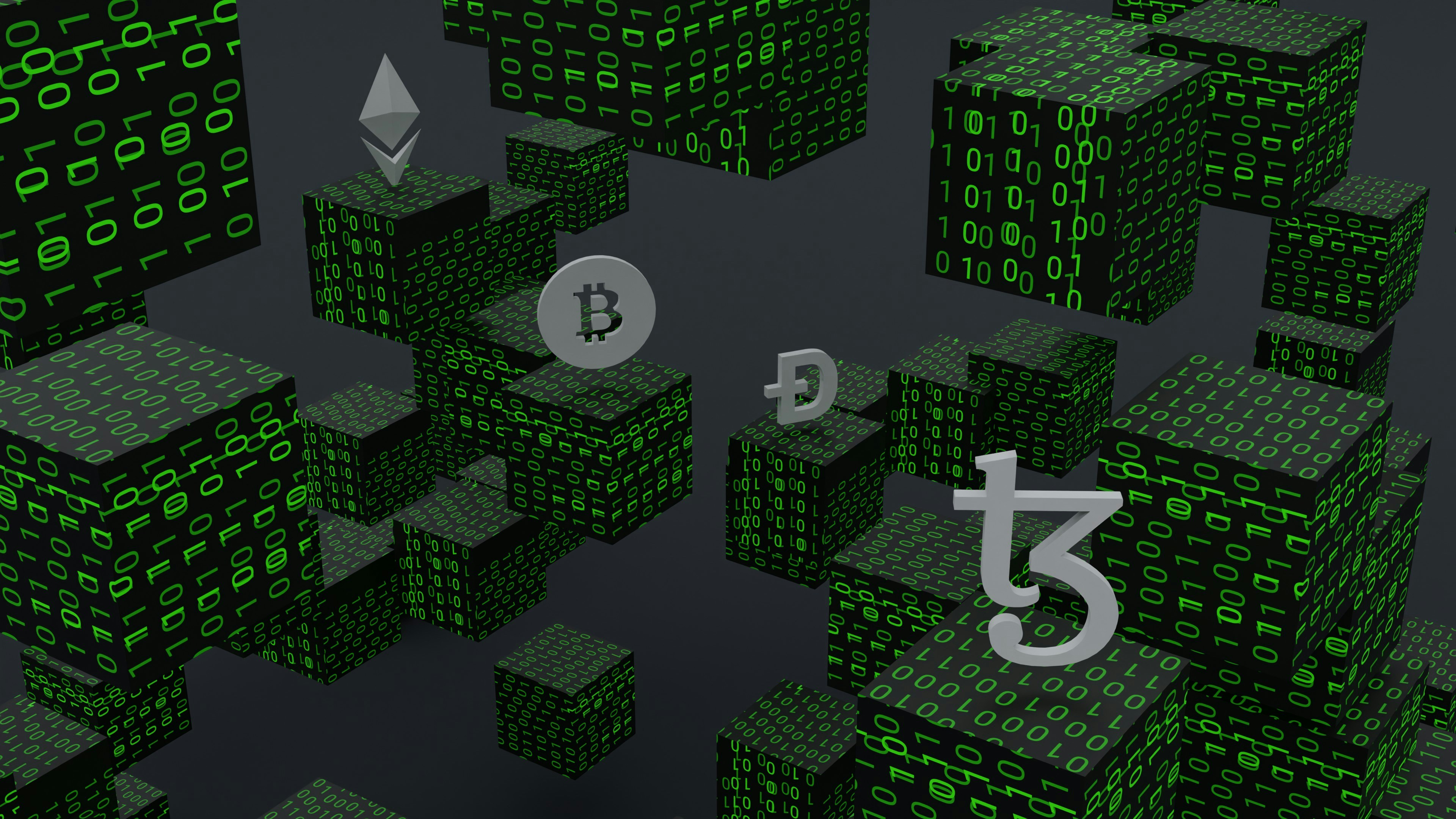 3D illustration of Tezos coin, bitcoin, Ehtereum, and dogecoin surrounded by binary code. Tezos is a blockchain designed to evolve. work 👇: Email: shubhamdhage000@gmail.com