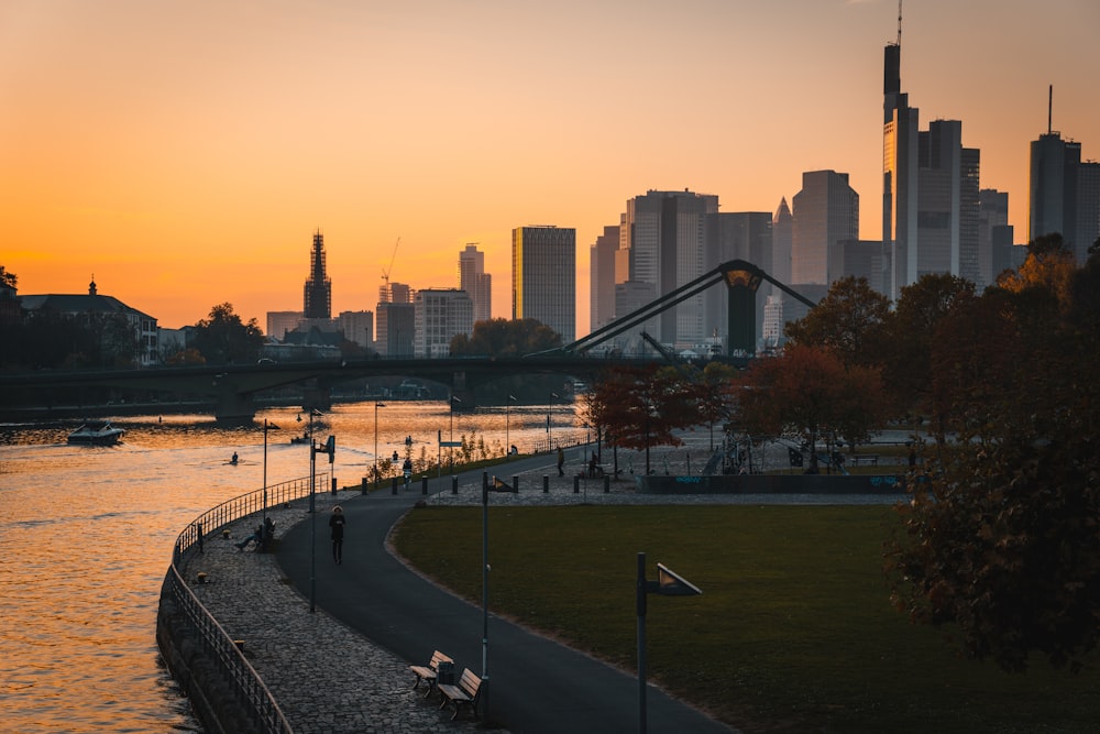 a view of a city at sunset