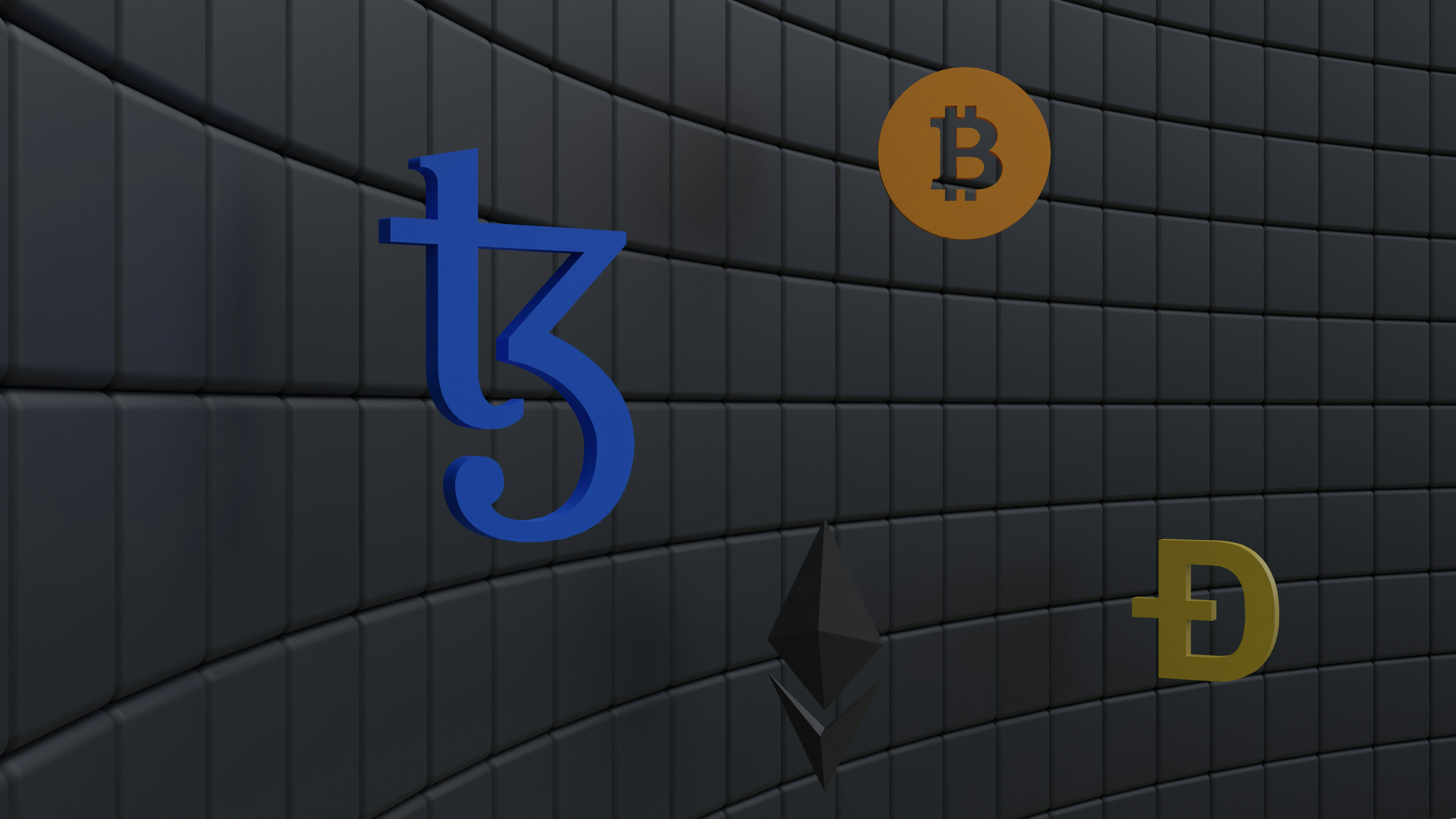 3D illustration of Tezos coin, bitcoin, Ehtereum, and dogecoin besides the chain of block. Tezos is a blockchain designed to evolve. work 👇: Email: shubhamdhage000@gmail.com