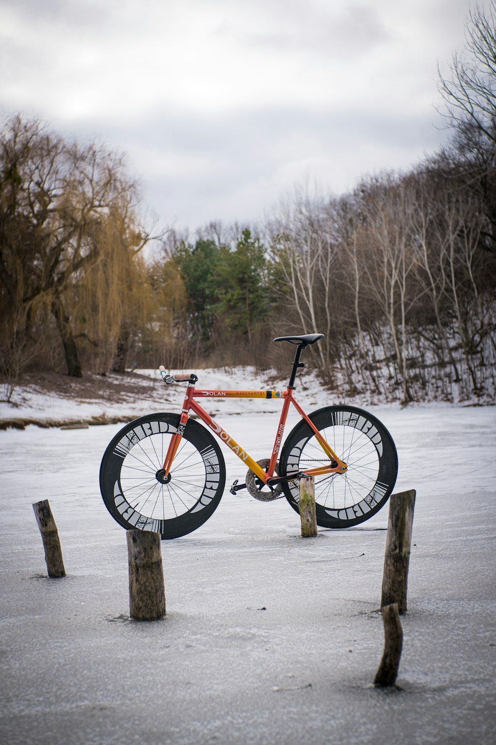 a bike that is sitting in the snow