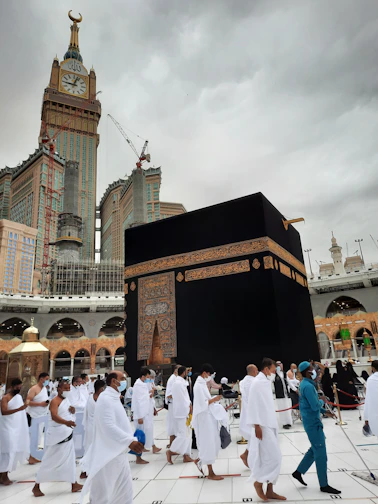 A serene view of pilgrims walking towards the Kaaba during Umrah.