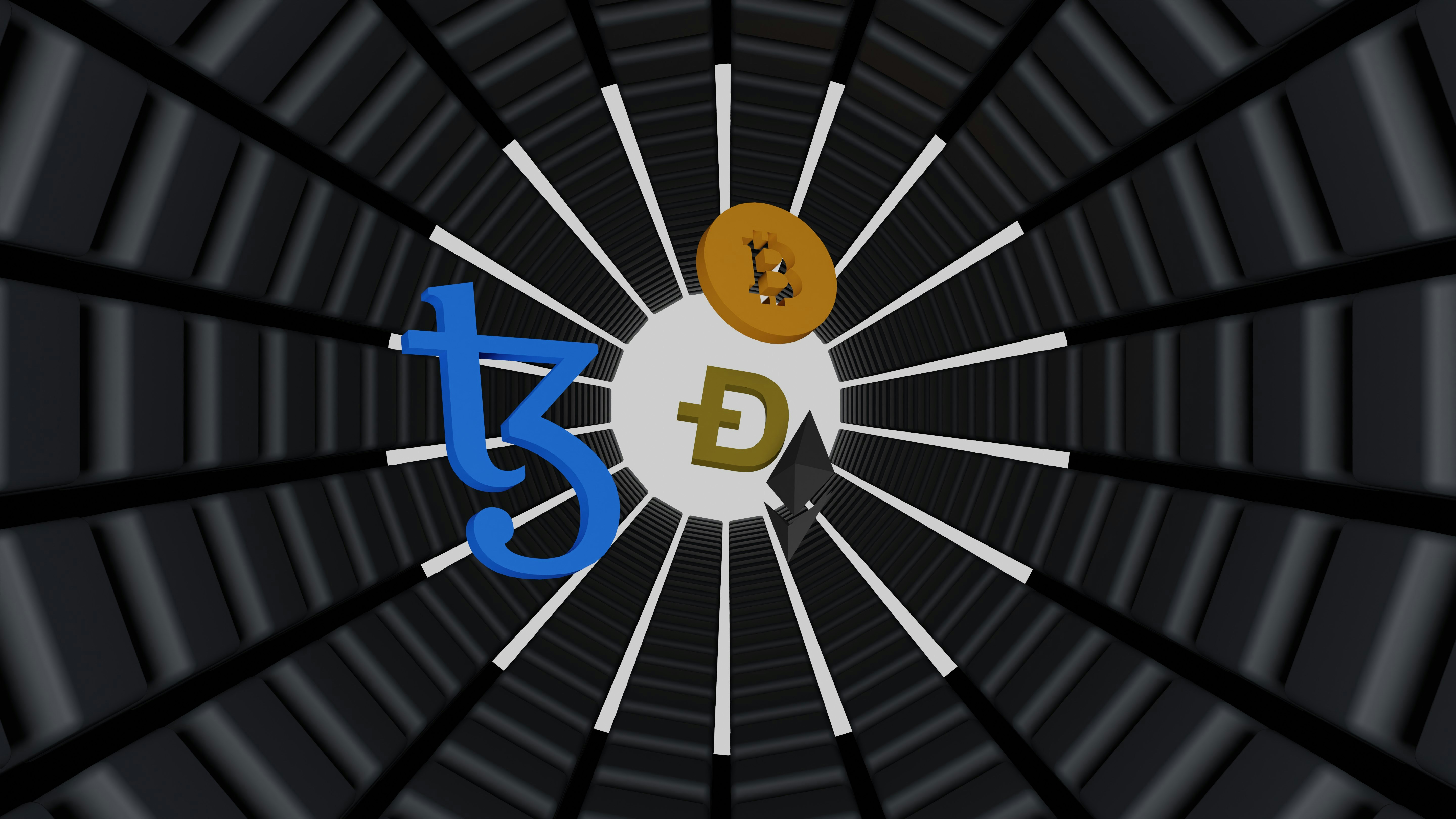 3D illustration of Tezos coin, bitcoin, Ehtereum, and dogecoin floating in an Infinite deep space. Tezos is a blockchain designed to evolve. work 👇: Email: shubhamdhage000@gmail.com