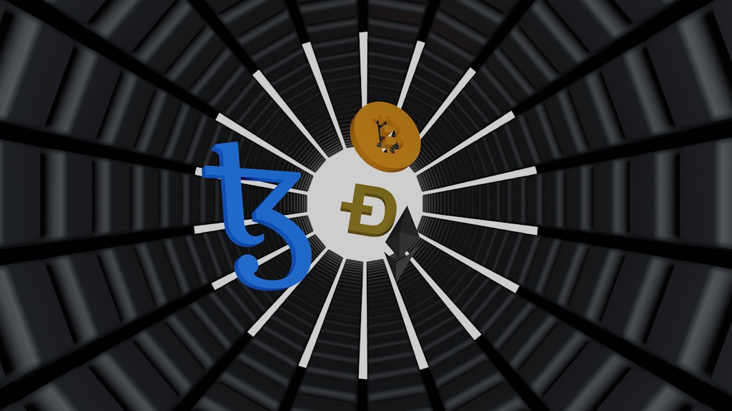 3D illustration of Tezos coin, bitcoin, Ehtereum, and dogecoin floating in an Infinite deep space. Tezos is a blockchain designed to evolve.work 👇:  Email: shubhamdhage000@gmail.com