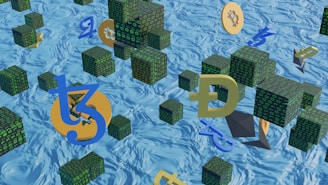 Floating cryptocurrency symbols and digital binary code cubes hover above a swirling blue water background, suggesting a connection between digital finance and fluidity.