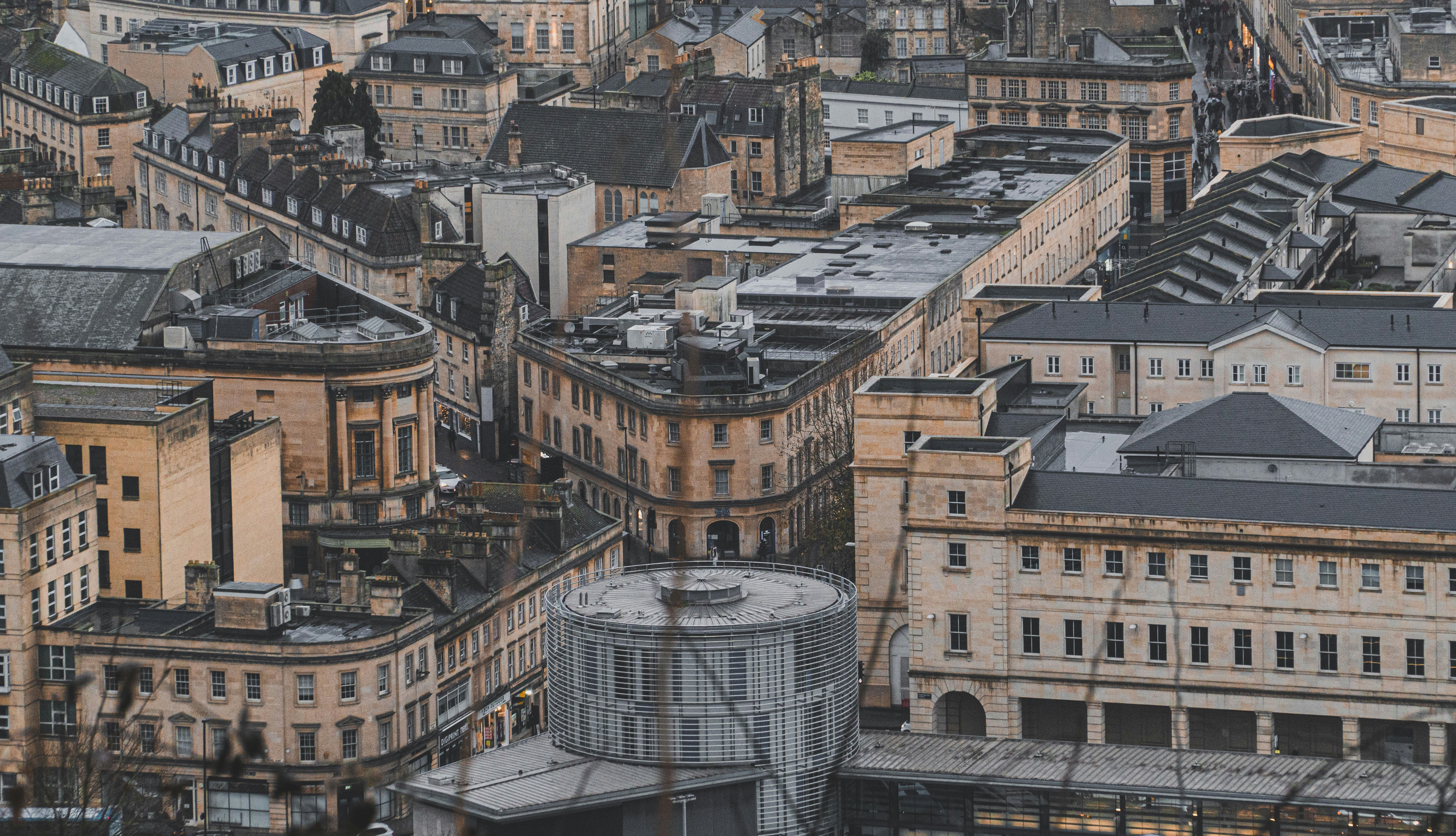 an aerial view of buildings in a city