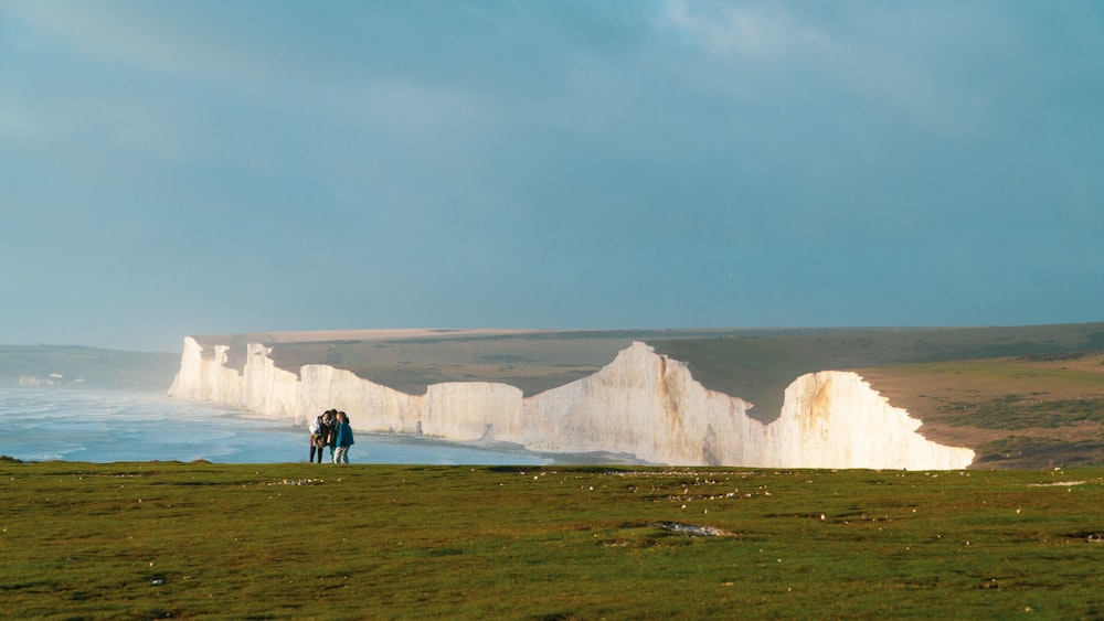 a couple of people standing on top of a lush green field