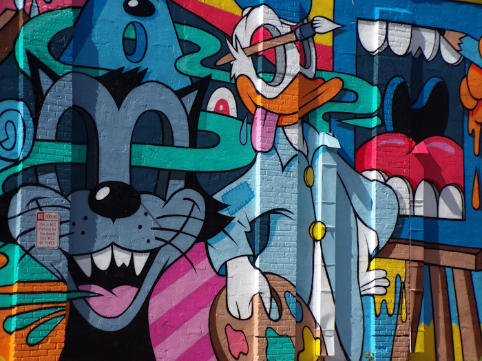 A colourful mural of a cat and a mouse on a building
