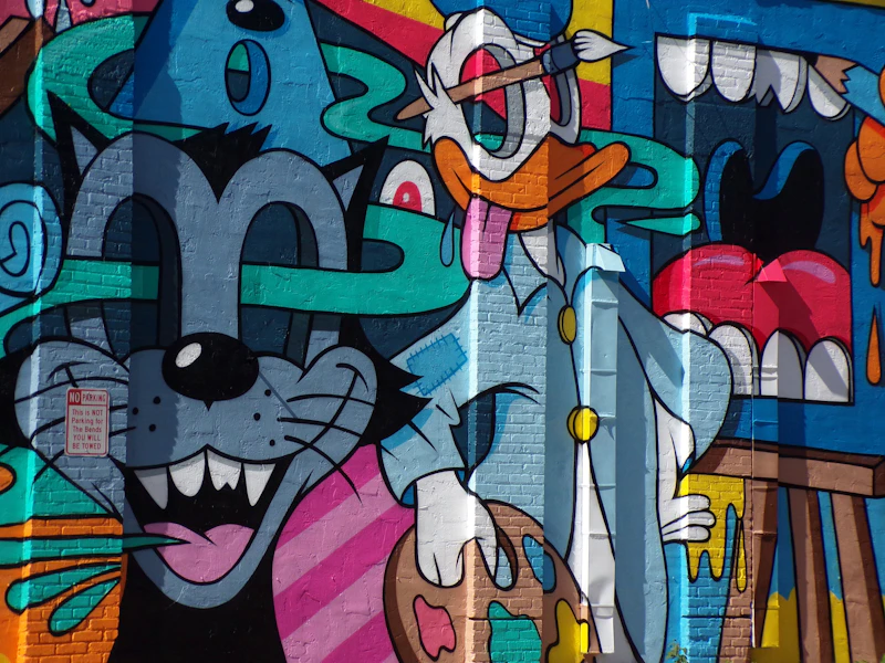 A mural of a cat and a mouse on a building