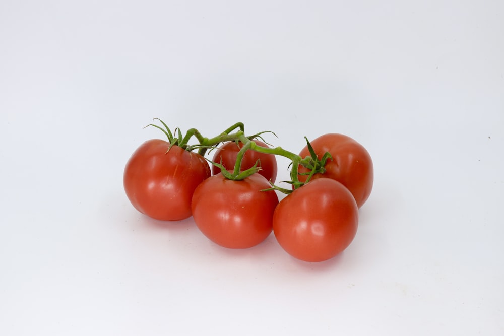 a group of tomatoes sitting on top of a white table