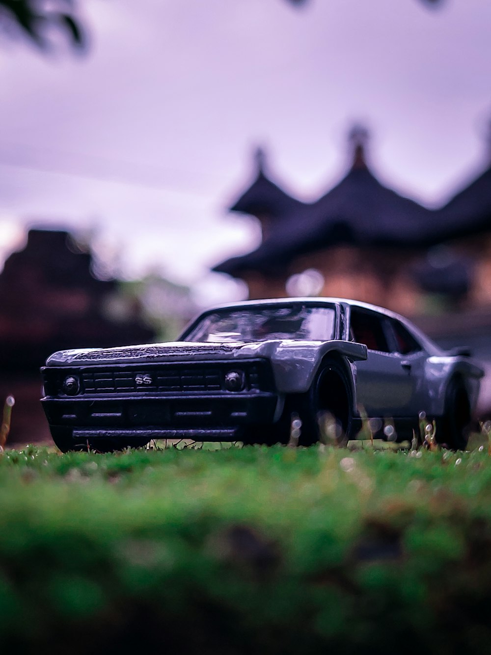 a toy car sitting on top of a lush green field