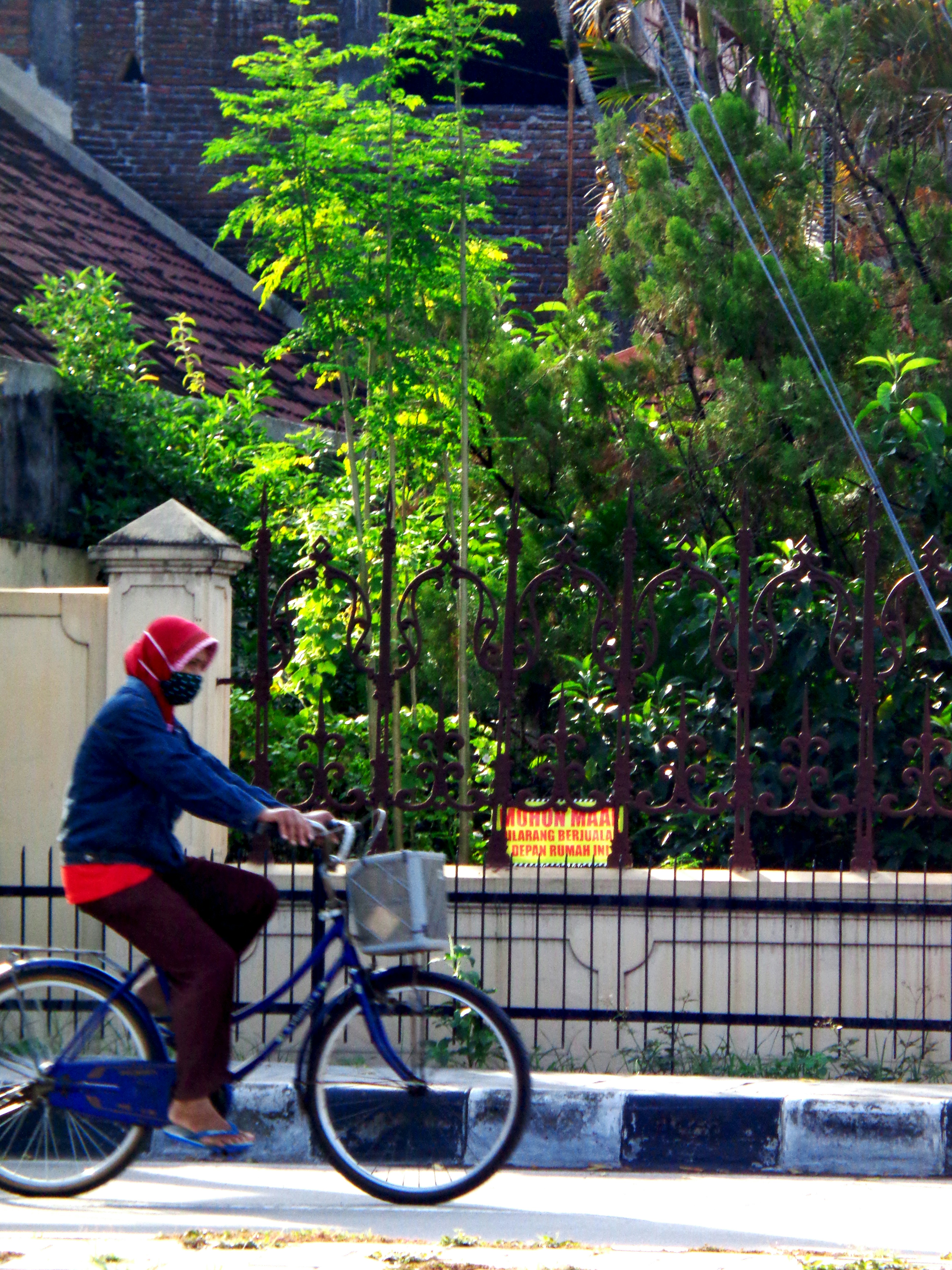 eine Person, die mit einem Eimer auf dem Rücken Fahrrad fährt