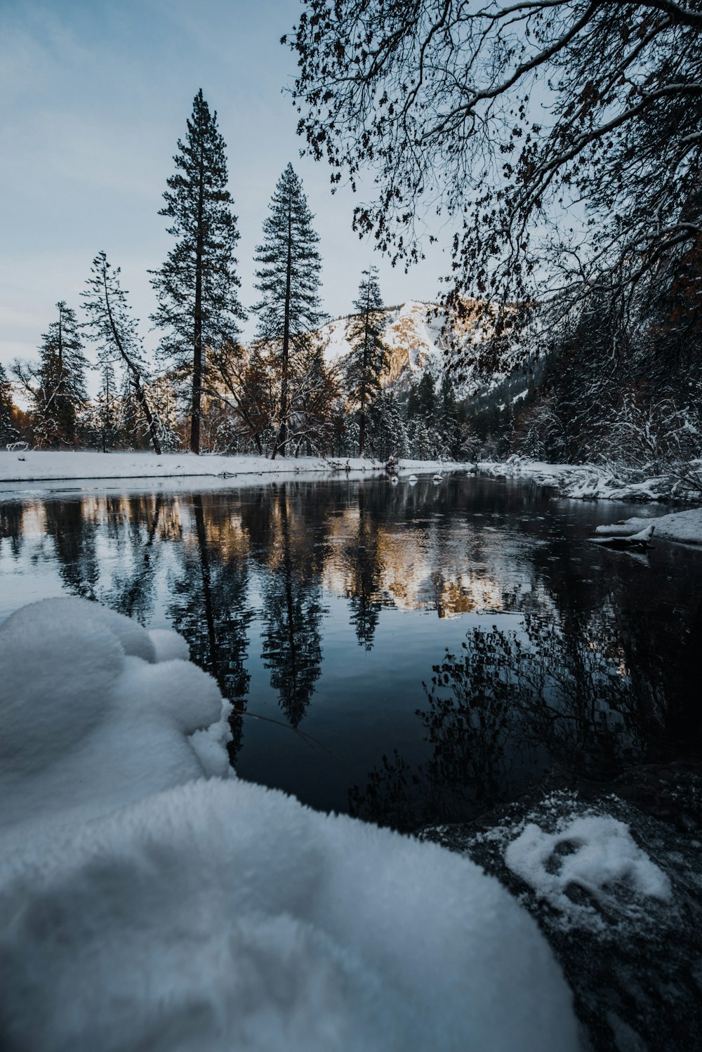 a small lake surrounded by snow covered trees