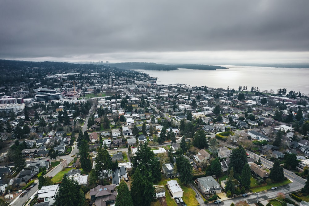 an aerial view of a city with a body of water in the background