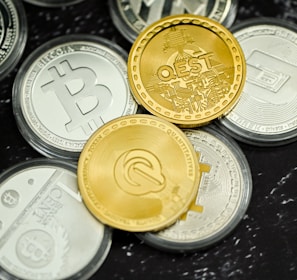 a pile of coins sitting on top of a table