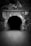 An old stone tunnel entrance surrounded by rocky terrain is adorned with various graffiti. The interior appears dark and unlit, creating a sense of mystery or foreboding. The ground leading to the tunnel is uneven and covered with dirt.