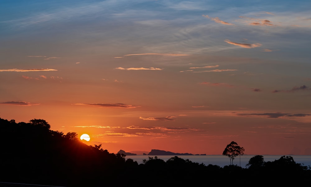 Le soleil se couche sur les arbres et l’eau