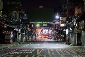 Bangla Road Patong, Phuket after 10 p.m.No people bc of Covid-19 restrictions.