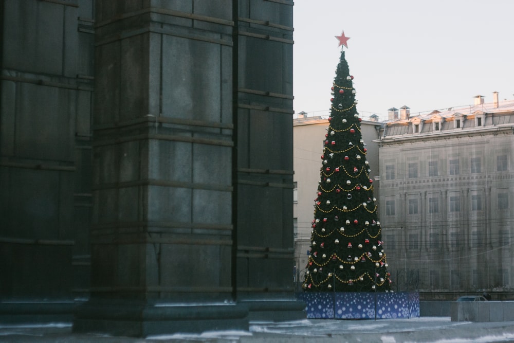 a large christmas tree sitting in the middle of a courtyard