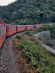 A scenic train winding through lush green mountains, perfect for a peaceful journey.