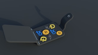A digital wallet is open, displaying several cryptocurrency symbols inside. The background is a dark, matte surface. The symbols include Bitcoin and others, represented in bright colors against the muted background.