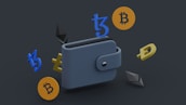 A digital wallet is surrounded by various cryptocurrency symbols, including Bitcoin, Ethereum, and others, set against a dark background. The wallet is depicted in a sleek, minimalist style.