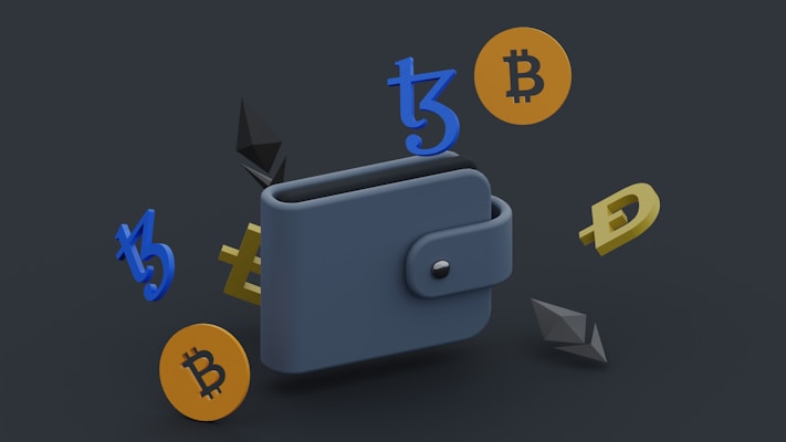 A digital wallet is surrounded by various cryptocurrency symbols, including Bitcoin, Ethereum, and others, set against a dark background. The wallet is depicted in a sleek, minimalist style.