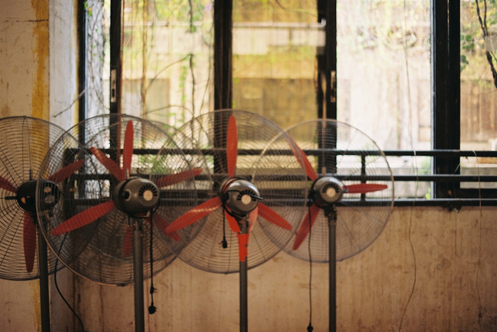 a row of fans sitting in front of a window