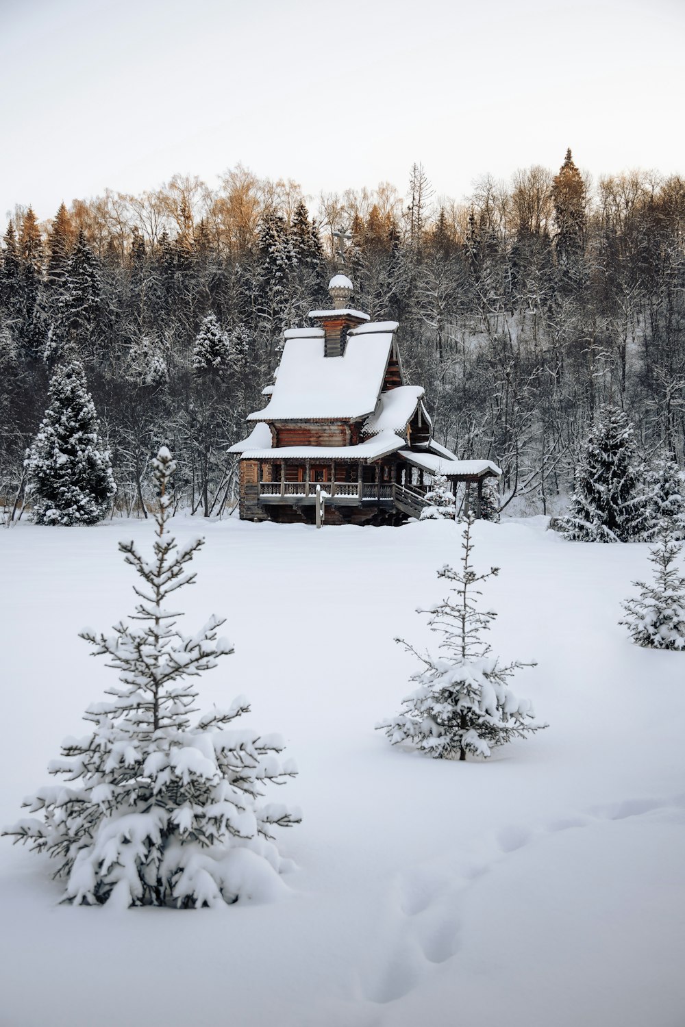 a house in the middle of a snowy field