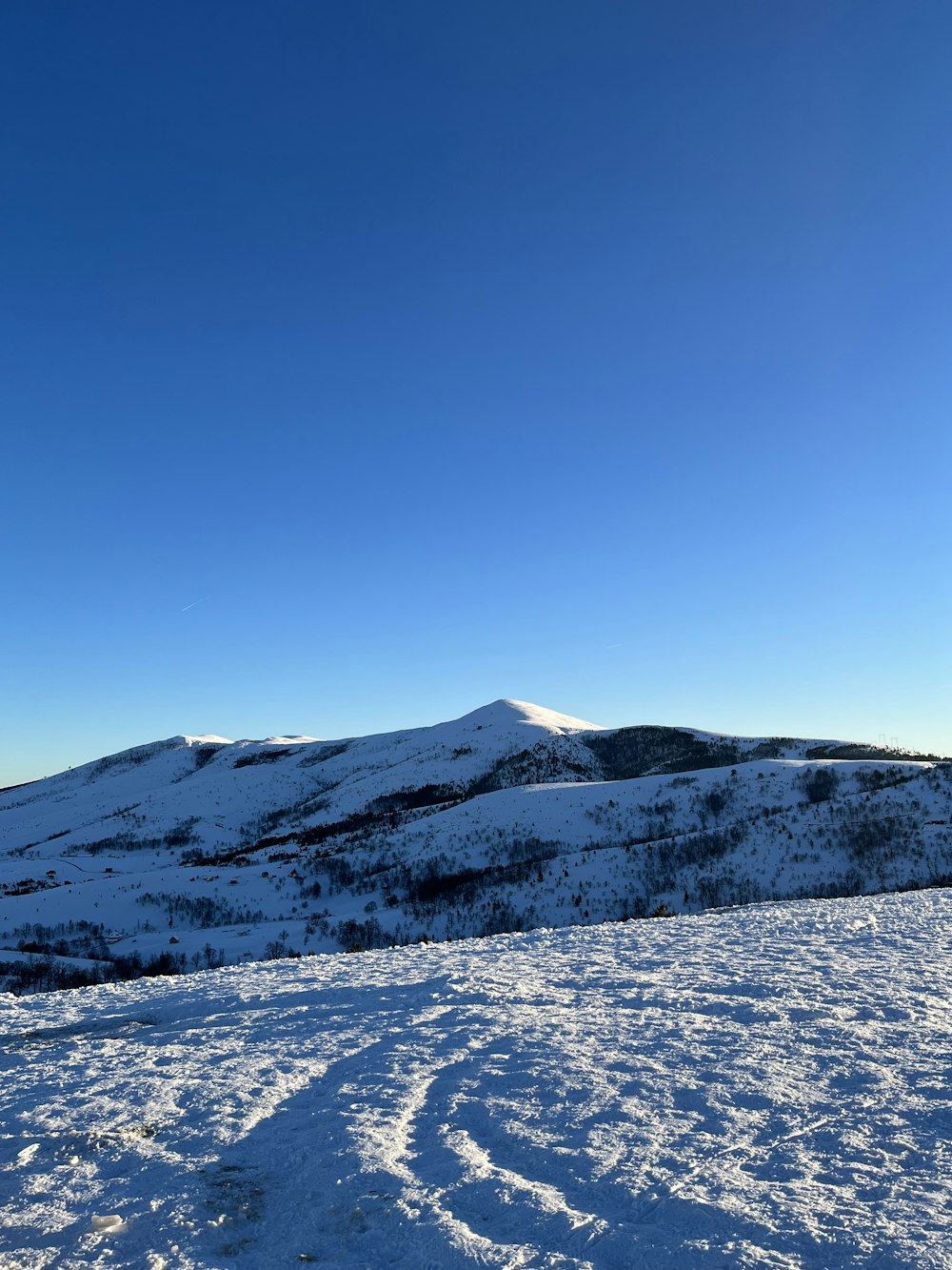 uma vista de uma montanha nevada com trilhas na neve