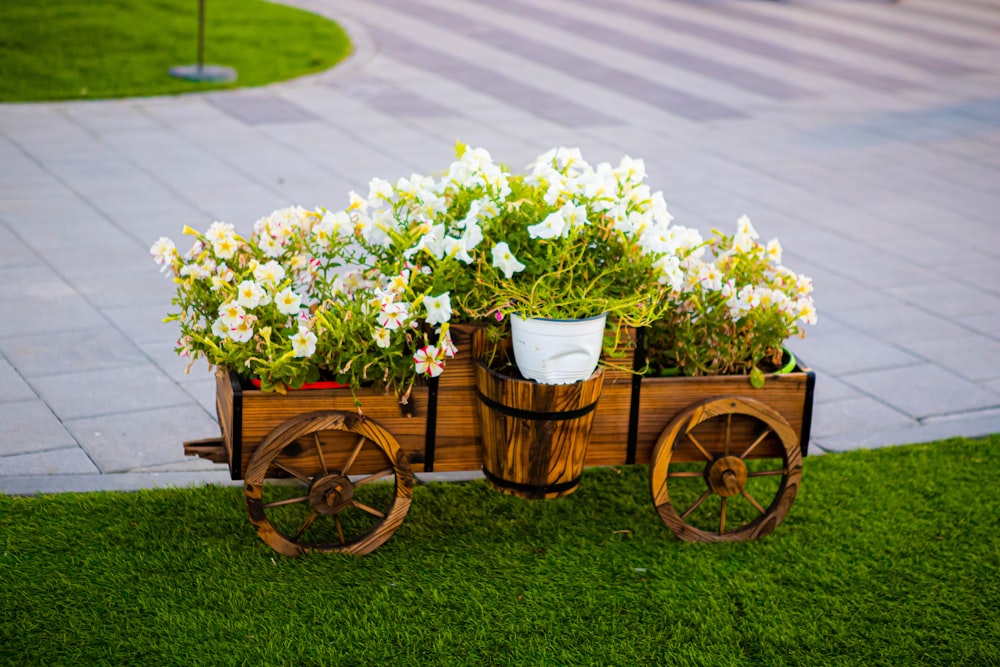 a wagon filled with flowers sitting on top of a lush green field