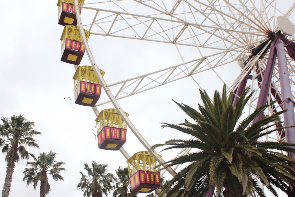 a ferris wheel and palm trees against a cloudy sky